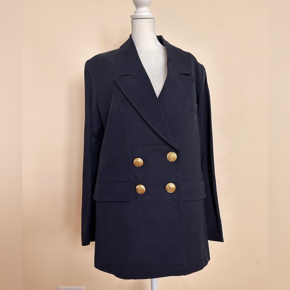 SMYTHE Oversized Linen Blend Double Breasted Blazer in Navy - Picture 5 of 11